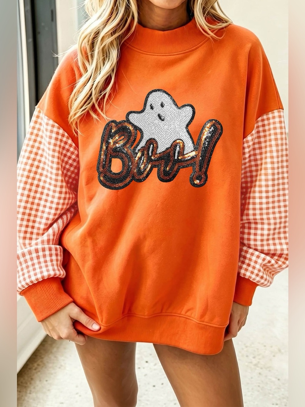 Boo Sequin Ghost Plaid Patchwork Sleeve Halloween Sweatshirt